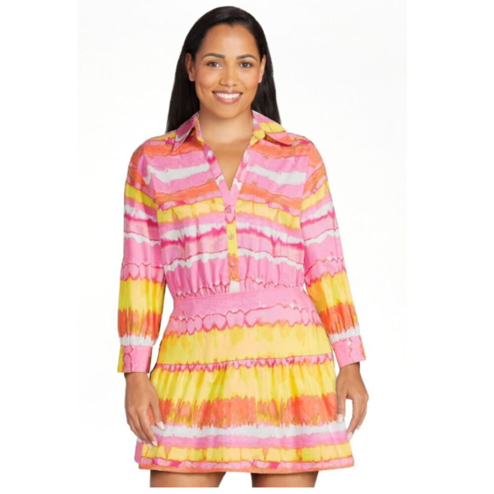 Scoop Women's Sherbet Tie-Dye Collared Long Sleeve Mini Shirt Dress Size Medium